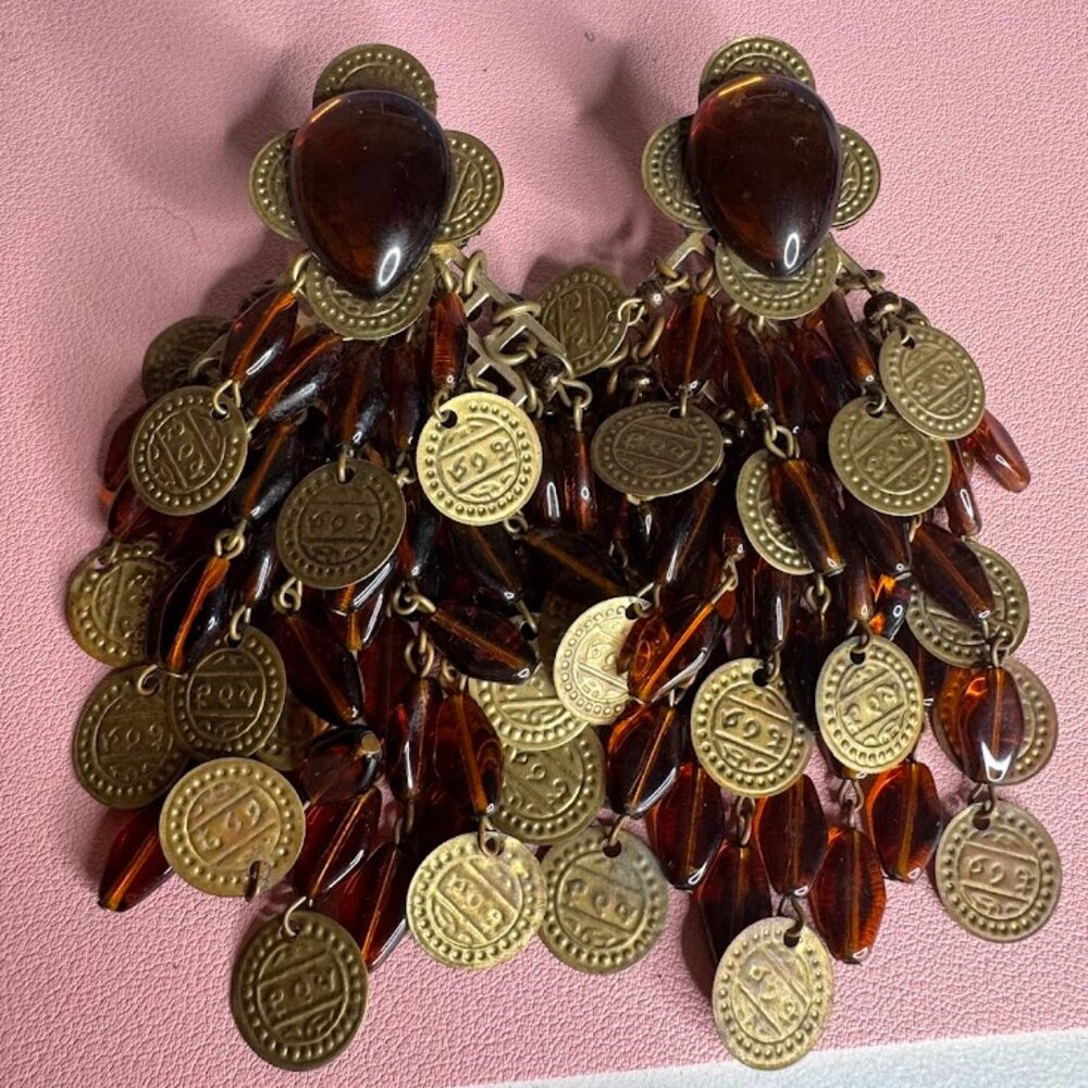 Vintage  Dangle Clip on Glass???? Acrylic?? Boho Statement  Earrings